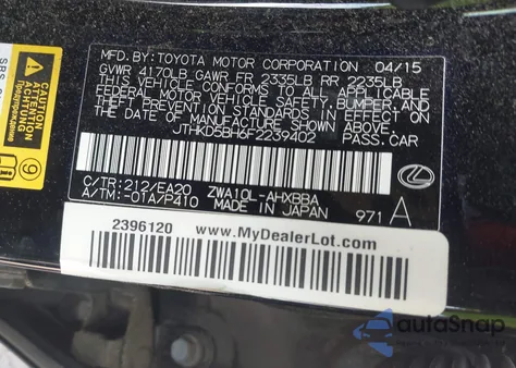 2015 Lexus Ct 200H from USA, damaged, VIN JTHKD5BH6F2239402